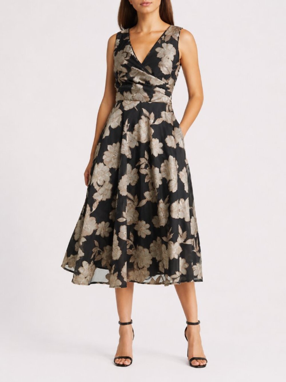 Eliza J Floral Jacquard Fit & Flare Midi Dress Black Gold Size 4 NWT